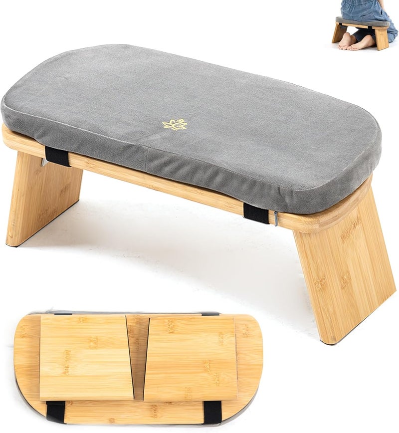 Estleys Meditation Bench, Bamboo Meditation Stool, Folding Kneeling Meditation Bench, Seiza Prayer Bench, Prayer Bench with Meditation Cushion, Kneeling Stool (Grey) - Image 1